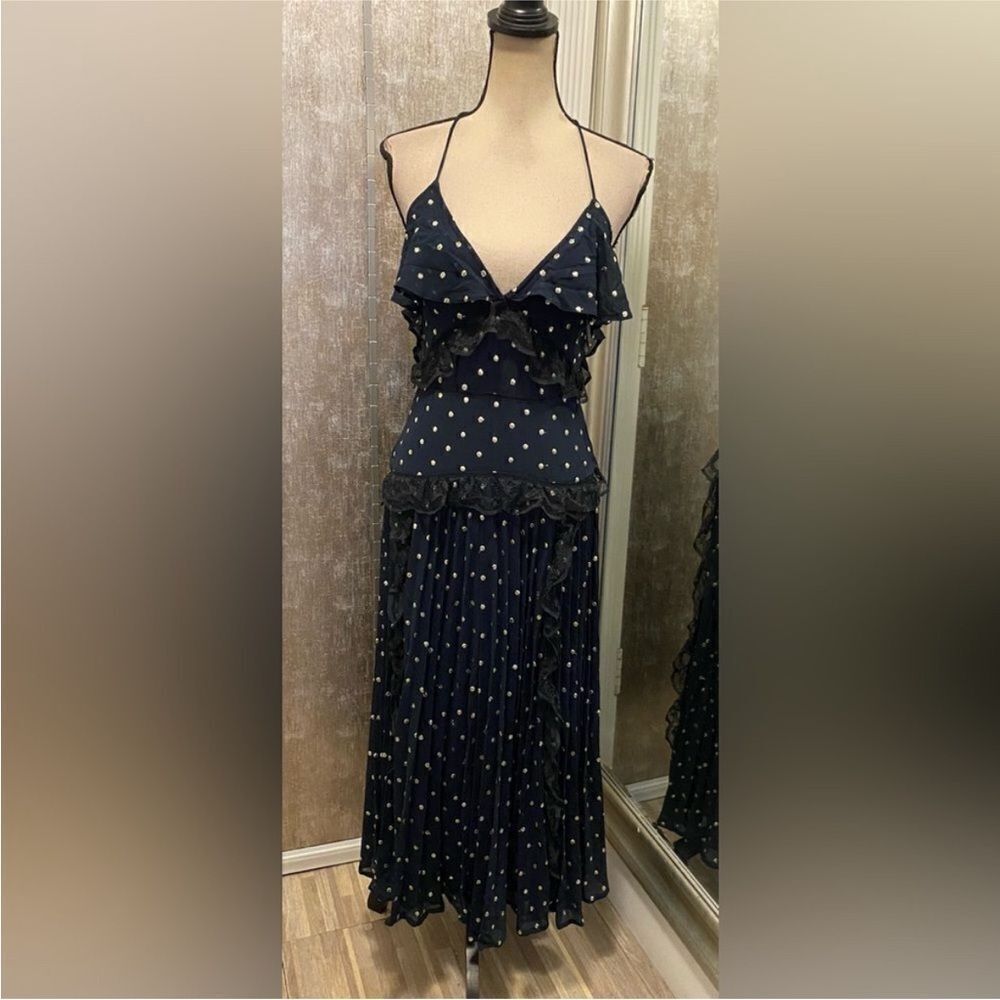 Topshop Navy Backless Dress with gold Polka Dots, US2